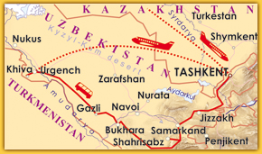 To the heart of Tamerlane`s empire map of the tour in Uzbekistan